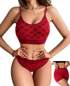 lot 8211 image: abandi Womens Wireless Ribbed Bra and Panty Set, Camisole and Panties Sports loungewear,3 Piece Lingerie Set,Red Size L