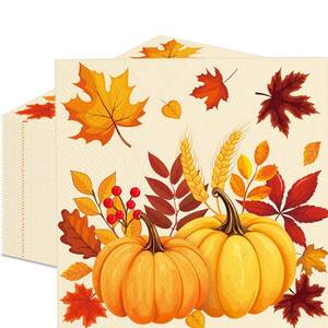 lot 8229 image: 50 Pcs Fall Pumpkin Leaves Paper Napkins Set, 13x13 Inches Unfolded �� Disposable Autumn Harvest Cocktail Napkins for Thanksgiving, Friendsgiving, and Fall Party Table Decorations