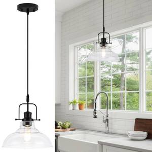 lot 9618 image: WILON Farmhouse Pendant Lights Kitchen Island Lighting, Black Pendant Light Over The Sink, Vintage Clear Glass Pendant Light, Industrial Hanging Light Fixture for Dining Room Over Table Bar Foyer