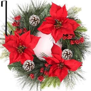 lot 9621 image: WellSign Christmas Wreath for Front Door, 24 Inch Large Outdoor Christmas Wreath with Hangers, Green Pine Xmas Wreath with Red Artificial Poinsettia Flowers for Fireplace Wall Window Home Indoor Decor