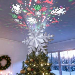 lot 9628 image: DG-Direct Christmas Tree Topper Lighted with 6 Projected Patterns, Led Rotating Magic Snowflake, 3D Hollow Glitter Lighted Silver Snow Tree Topper for Christmas Tree Decorations, Silver