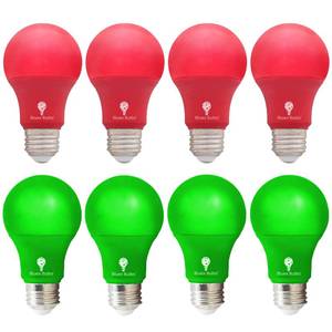 lot 10320 image: 8 Pack A19 LED Red & Green Light Bulb, 120V E26 Base, 9W (60W Replacement), Party Decoration, Porch & Home Lighting, Christmas