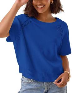 lot 10323 image: Yeokou Women Knit Crochet Top Crewneck Short Sleeve Boxy Pullover Loose Casual Summer Tee Shirt(Blue-XL)