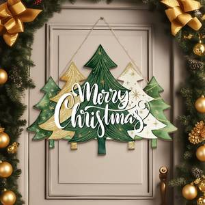 lot 10335 image: BBTO Merry Christmas Door Sign Lime Green Buffalo Plaid Tree Sign Wood Christmas Decor Farmhouse Hanging Plaque for Porch Farmhouse Xmas Front Door Outdoor Home Decor (Vivid Tree Style)
