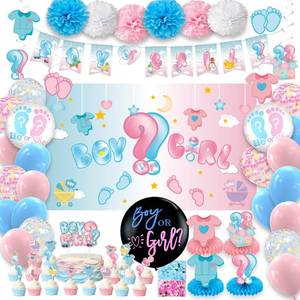 lot 10349 image: Baby Gender Reveal Party Decorations, Boy or Girl Gender Reveal Decorations Kit Including Backdrop, Banner, Balloons, Cake Toppers, Centerpieces, Hanging Swirls, and Pom poms