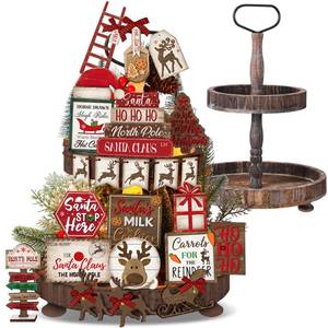 lot 13891 image: Nuogo 24 Pcs Christmas Tiered Tray Decorations Set and 2 Tiered Tray Stand With Handle - Winter Table Tabletop Snowman Decor for Home Farmhouse Hot Cocoa