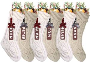 lot 13896 image: XIMISHOP 6pack Christmas Stockings, 18inch Large Personalized Cable Knitted Xmas Hanging Stocking Decorations with Name Tags for Holiday Christmas Party Family Decor (Khaki and White)