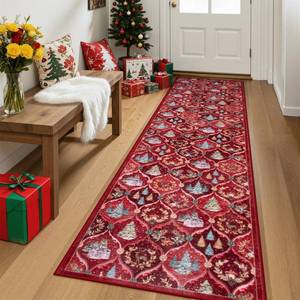 lot 13897 image: Lahome Christmas Runner Rug, 2x8 Red Christmas Rug Runner Soft Washable Hallway Runner Non-Slip, Throw Xmas Tree Carpet for Kitchen Bedroom Bathroom Holiday Winter Decor, Red