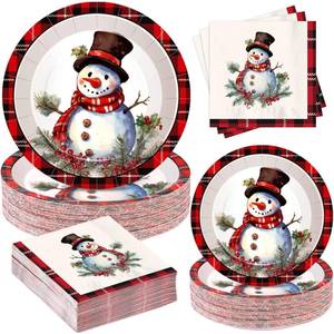 lot 14327 image: 200Pcs Christmas Paper Plates and Napkins, Snowman Plates and Napkins, Xmas Party Decorations Supplies Disposable Holiday Dinnerware Set, Serves 50