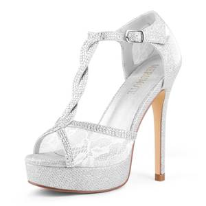 lot 14337 image: MERUMOTE Womens Peep Toe Platform 5 inch Stiletto Heels Ankle Strap Lace Heels Sexy Prom Shoes Silver Glitter US7.5