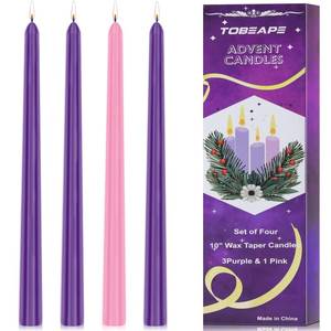 lot 14380 image: Christmas Advent Candle Set (Set of 4), 10 Inch Christmas Wax Taper Candles, 8 Hours Long Burning Time Dripless Unscented Dinner Candle, 3 Purple & 1 Pink