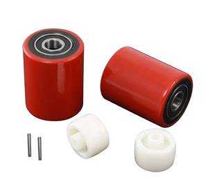 lot 14381 image: Pallet JackTruck Load Wheels Set (2 pcs) 3 x 3.75 with Bearings ID 20mm Poly Tread Red