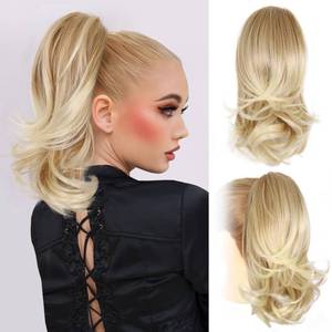 lot 14386 image: Clip on Ponytails for Women - 14 Inch Curly Ponytail Extension, Wavy Pony Tails Hair Extensions, Synthetic Hair Extensions Ponytail, Clip in Ponytail (Color Medium Blonde With Bleach Blonde Ends)