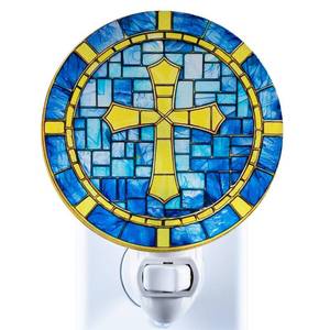 lot 14392 image: VOUWOWOX Stained Glass Styled Cross Night Light Plug in �� Made with Real Glass, Bulb Included, OnOff Switch �� Blue Mosaic Cross �� Christian Gift for Baptism or Memorial