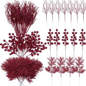 lot 15465 image: Craftsatin 75 Pcs Christmas Glitter Branches 3 Styles Artificial Christmas Picks Berries Stems Pine Needles Floral Twig Spray for Xmas Tree Ornaments DIY Wreath Garland(Burgundy)