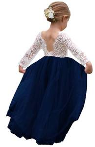 lot 15469 image: Girl Toddler Full-Length Straight Tulle Tutu Lace Back Party Flower Girl Dress (9-10 Year, Sleeve-Navy)