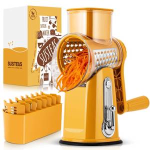 lot 15473 image: SUSTEAS Rotary Cheese Grater with Handle - Vegetable Shredder with 5 Well-designed Blades & Strong Suction Base,Round Mandoline Slicer & Food Chopper for Kitchen,with Blade Storage Box(Yellow)