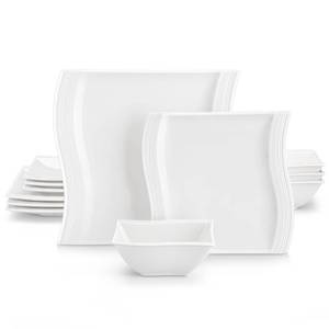 lot 15476 image: MALACASA Ivory White Dinnerware Set, 12 Pieces - Porcelain Dinner Plates, Dessert Plates and Bowls, Square Flora Pattern