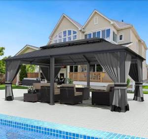 lot 15490 image: Halmuz 12 ft. x 20 ft. Gray Metal Hardtop Gazebo with Double Roof Pergola, Netting and Curtain Gray Box D only, incomplete