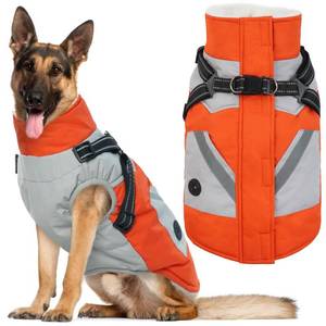 lot 15502 image: IECOii Dog Coat for Large Dogs, Orange, X-Large - Waterproof Winter Fleece Jacket with Harness, Turtleneck, Reflective Straps, Zipper Closure