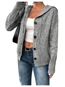 lot 16287 image: RoseSeek Womens Hooded Cardigan Sweater Long Sleeve Button Front Ribbed Knit Jacket Cardigan Trendy Grey Medium