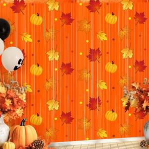lot 16309 image: Tiamon Fall Thanksgiving Party Decorations 2 Pack Orange Maple Leaves Pumpkins Pattern Photo Booth Props 3.3 x 6.6 ft Foil Fringe Curtains for Autumn Thanksgiving Birthday Baby Shower Backdrop Decor