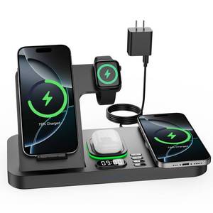 lot 16314 image: Dual Phone Wireless Charging Station for Apple Devices, Magnetic Charging Station for iPhone with Auto Switch 7-Color Light&Clock, Family Watch Charger for iPhone17 for iWatch11 for AirPods Pro3(Black