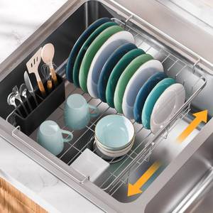 lot 19683 image: Orgneas Capacity Expandable Dish Drying Rack in Sink, Stainless Steel Rustproof Over Sink Dish Drainer Rack with Utensil Holder for RV Kitchen Counter, Fit for Interior Width 10.517 Sinks