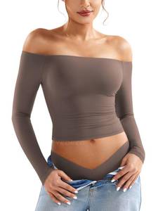 lot 20144 image: YEOREO Sophie Women Off Shoulder Long Sleeve Shirts Double Lined Basic Undershirt Y2K Going Out Tops Mocha-XS
