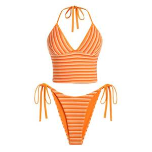 lot 20159 image: ZAFUL Tankini Swimsuits for Women Striped Fashion Bathing Suit 2025 Halter Neck Padded 2 Piece Swimsuit Orange Large