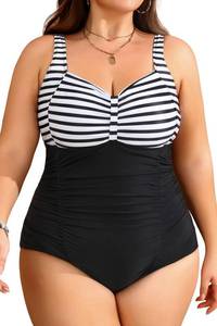 lot 20162 image: Daci Women Plus Size One Piece Swimsuits - Tummy Control Retro Ruched Bathing Suits Vintage Swimwear Striped and Black X-Large