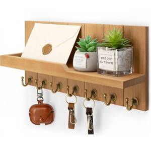 lot 20163 image: Rebee Vision Decorative Key Holder for Wall Shelf - Farmhouse Wood Wall Hanging Mail Organizer with 7 Sturdy Key Hooks for Home Entryway Decor - Stylish Key Racks (Light Brown)