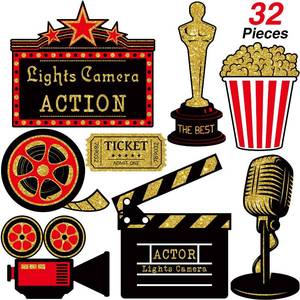 lot 20186 image: Hicarer 32 Pieces Movie Party Decorations Red Carpet Cutouts Cards Table Toppers Movie Theme Decor Double Sided Printing Golden Black Red for Night Party Supplies