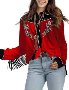 lot 20188 image: JOHN MOON Womens Embroidered Western Long Sleeve Buttons Down Shirts Fringed Retro Cowgirl Blouses Shirts Red