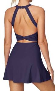 lot 20205 image: Heathyoga Tennis Dress with Built-in Shorts and Bra - Athletic Summer Cut Out Twisted Golf Workout Dress for Women - Indigo Blue