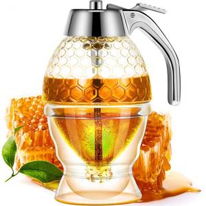lot 20206 image: Boao Acrylic Honey Dispenser with Stand Comb Shaped Honey Pot, No Drip Syrup and Sugar Jar Pot with High Capacity Pourer Dispenser