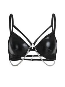 lot 20233 image: OYOANGLE Womens Pu Leather Chain Strappy Bra Ring Linked Punk Bralettes Lingerie Black Large