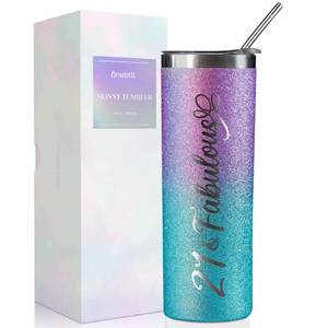 lot 20238 image: Onebttl 21st Birthday Gifts for Women, Girl, Her - 21 and Fabulous -20oz590ml Stainless Steel Insulated Glitter Tumbler with Straw, Lid, Message Card - (Purple-Blue Gradient)