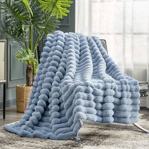 lot 1801 image: Cozy Bliss Faux Fur Throw Blanket for Couch, Cozy Warm Plush Striped Blanket for Sofa Bedroom Living Room, 50  60 Inches Light Blue
