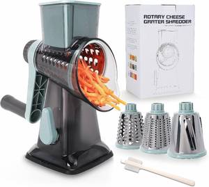 lot 1803 image: Rotary Cheese Grater Multi-Purpose Stainless Steel Shredder- Cheese Grater With handle Effortless Grating of Vegetables, Nuts and Fruits,with Suction Base and Cleaning Brush (blue)
