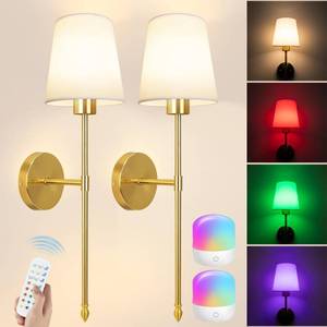 lot 1815 image: Laiebri Battery Operated Wall Sconce Set of 2, Wireless Wall Sconce with Rechargeable Bulbs and Remote, 15 Colors & Dimmable, Gold Sconces Wall Decor for Bedroom Living Room Hallway
