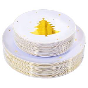 lot 1816 image: WDF 50Pieces Gold Plastic Plates-Christmas Tree Plastic Plates-Heavyweight White and Gold Disposable Plates for Christmas