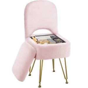 lot 1821 image: GREENSTELL Small Vanity Stool Chair with Storage and Folding Back, 13.4 x 15 x 30 Square Faux Fur Soft Ottoman, 4 Metal Legs with Anti-Slip Feet, Furry Padded Seat for Makeup, Bedroom, Pink