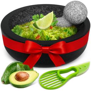 lot 1824 image: Umien Granite Mortar and Pestle Set - 8-Inch Natural Stone Molcajete with Avocado Tool - 3.5 Cup Capacity for Spices, Herbs, Pestos & Guacamole - Premium Kitchen Christmas Gift (Black)