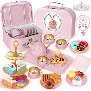 lot 1829 image: iAOVUEBY Tea Party Set for Little Girls, 49PCS Princess Tea Time Toys Including Tea Set Dessert Carrying Case, Kids Kitchen Pretend Playset, Tea Set for Girls Birthday Toddler Age 3-8, Pink
