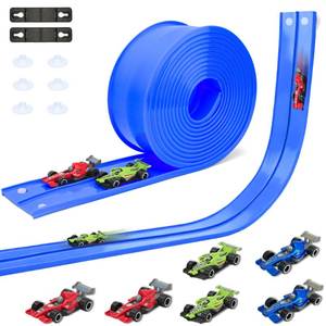 lot 1830 image: HACOCOLA 15 Ft Double Sided Flexible Race Track Set with 6 Toy Cars for Kids (Blue)