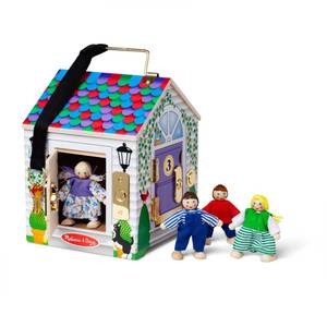 lot 1832 image: Melissa & Doug Take-Along Wooden Doorbell Dollhouse - Doorbell Sounds, Keys, 4 Poseable Wooden Dolls Portable Doll House, Doorbell House for Kids Ages 3