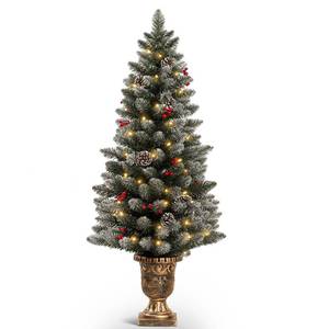 lot 1833 image: Decoway 4ft Christmas Tree Pre-Lit Artificial Mini Trees with Gold Pot Base, Flocked Snow 70 Warm White Led Lights Pine Cones Red Berries, for Entrances, Home Decorations Holiday Decor