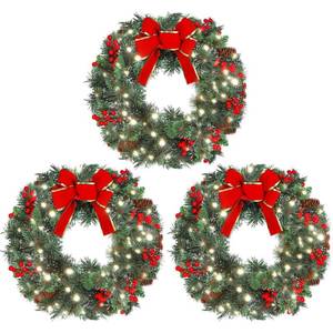lot 1834 image: Glitinsel 3 Pack 16 Inch Christmas Wreath Decorations with Lights Battery Operated 50 LED Artificial Christmas Wreath for Front Door with Red Bow Pine Cones Berry for Outdoor Indoor Window Wall Decor