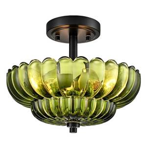 lot 1835 image: Semi Flush Mount Ceiling Light Fixture, Green Glass 3-Light Modern Vintage Ceiling Lights, Scalloped Close to Ceiling Light, Black Base Flush Mount Ceiling Light for Hallway Bedroom Entryway Kitchen